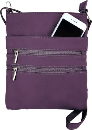 Roma Leathers Mini Body Purse - Multi Pocket Double Zipper Cross Body Handbag - Premium Purple Leather - Adjustable Shoulder Strap - Convenient Travel Bag - Designed in the U.S.A.