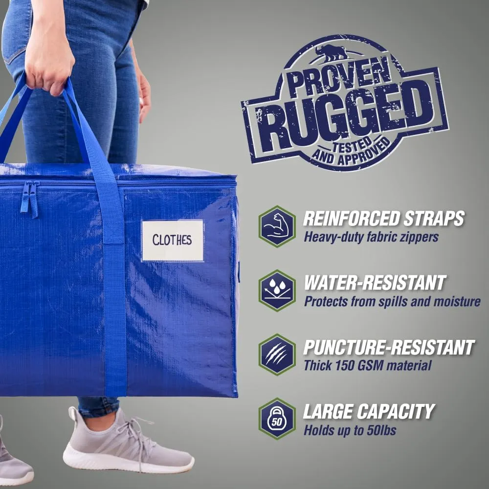 RUGGED RHINO Heavy Duty Extra Large Moving Bags, 50lb Capacity Tote, Durable Water and Puncture Resistant Winter Clothes Storage Totes for Moving, Strong Carry Handles and Zippers, 4 Pack Blue