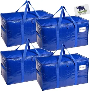 RUGGED RHINO Heavy Duty Extra Large Moving Bags, 50lb Capacity Tote, Durable Water and Puncture Resistant Winter Clothes Storage Totes for Moving, Strong Carry Handles and Zippers, 4 Pack Blue
