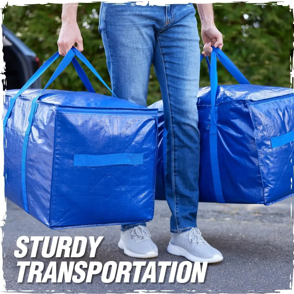 RUGGED RHINO Heavy Duty Extra Large Moving Bags, 50lb Capacity Tote, Durable Water and Puncture Resistant Winter Clothes Storage Totes for Moving, Strong Carry Handles and Zippers, 4 Pack Blue