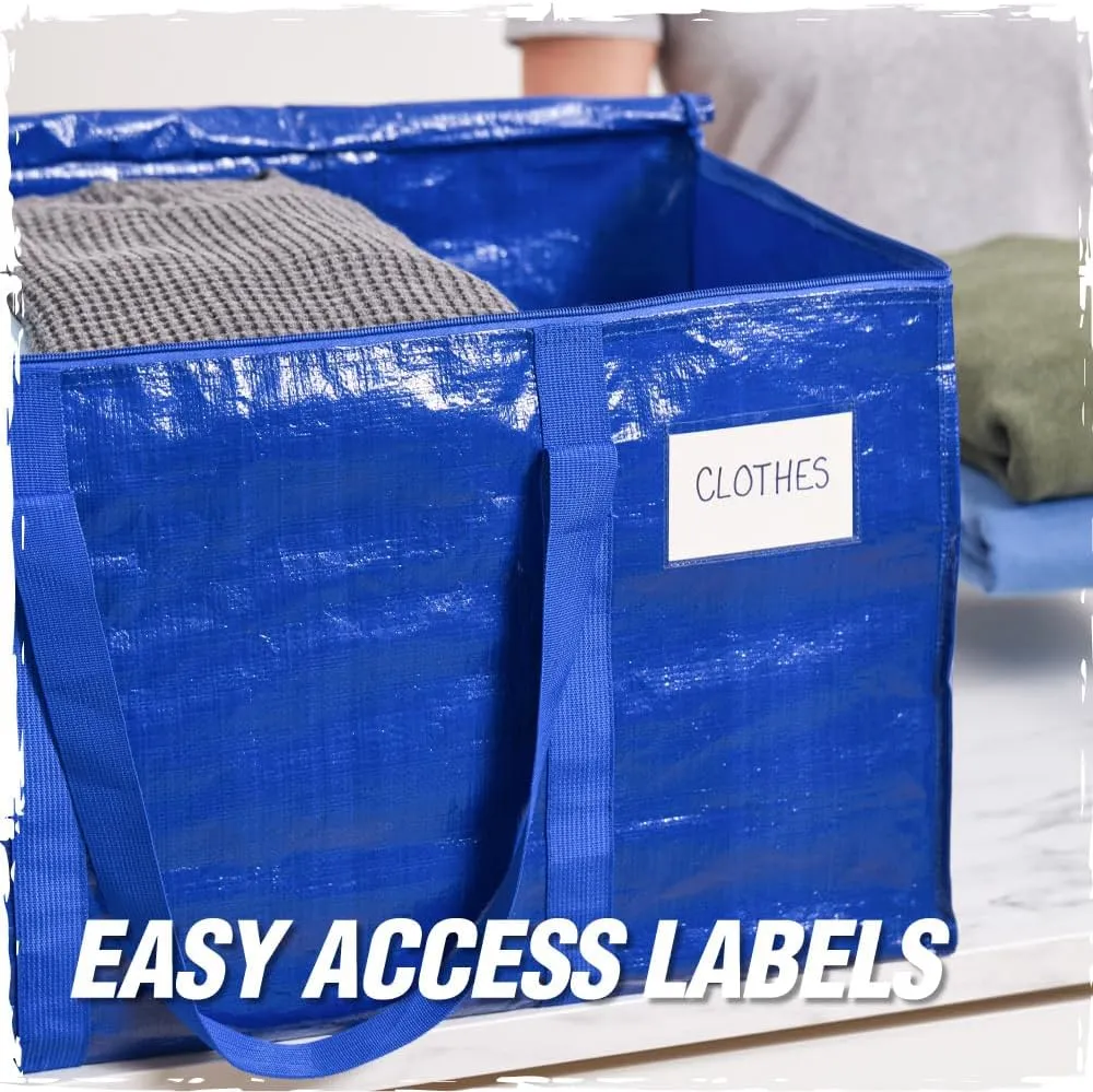 RUGGED RHINO Heavy Duty Extra Large Moving Bags, 50lb Capacity Tote, Durable Water and Puncture Resistant Winter Clothes Storage Totes for Moving, Strong Carry Handles and Zippers, 4 Pack Blue