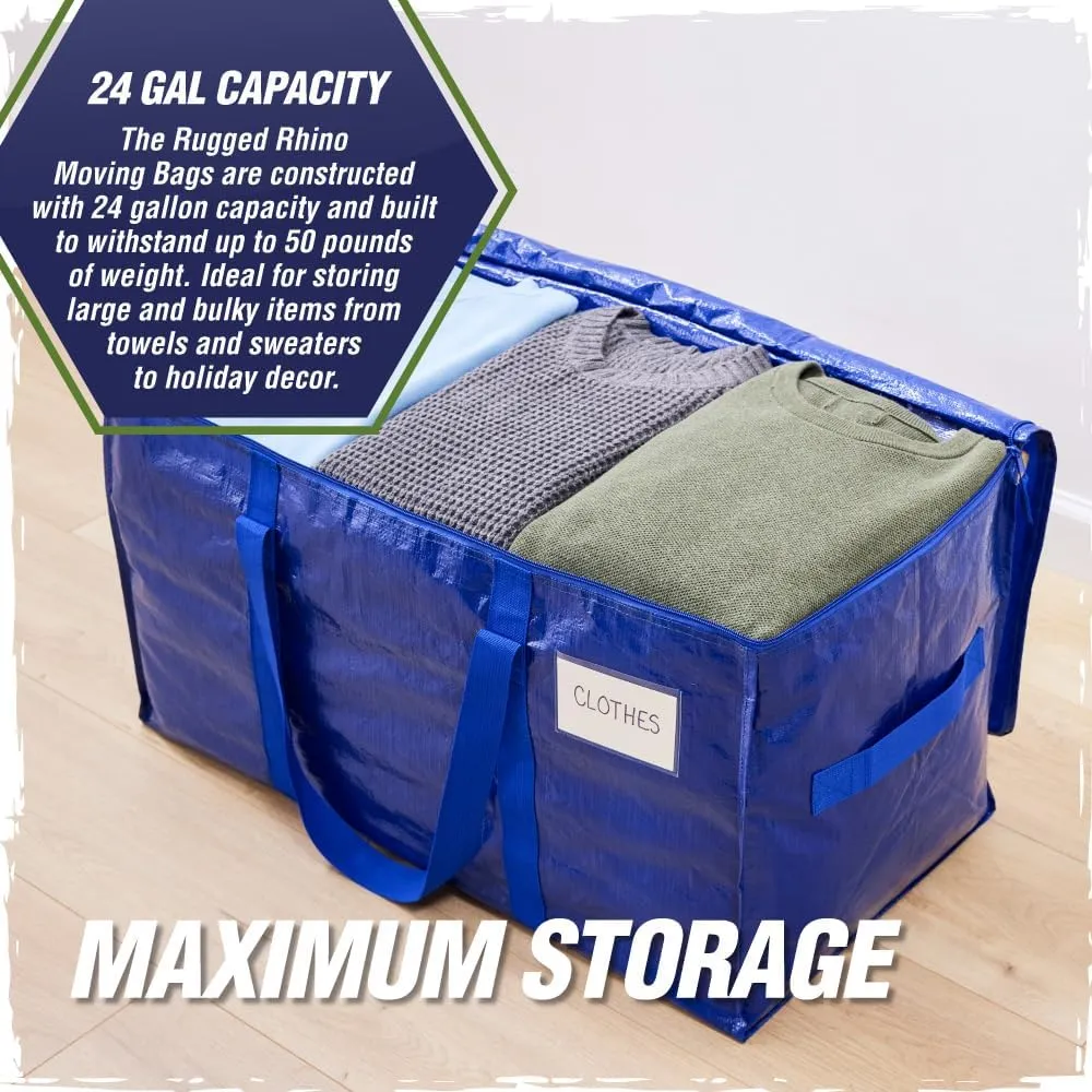 RUGGED RHINO Heavy Duty Extra Large Moving Bags, 50lb Capacity Tote, Durable Water and Puncture Resistant Winter Clothes Storage Totes for Moving, Strong Carry Handles and Zippers, 4 Pack Blue