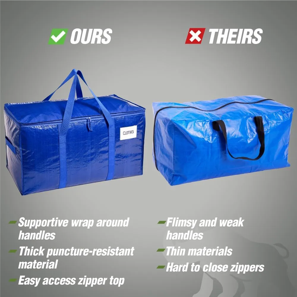 RUGGED RHINO Heavy Duty Extra Large Moving Bags, 50lb Capacity Tote, Durable Water and Puncture Resistant Winter Clothes Storage Totes for Moving, Strong Carry Handles and Zippers, 4 Pack Blue