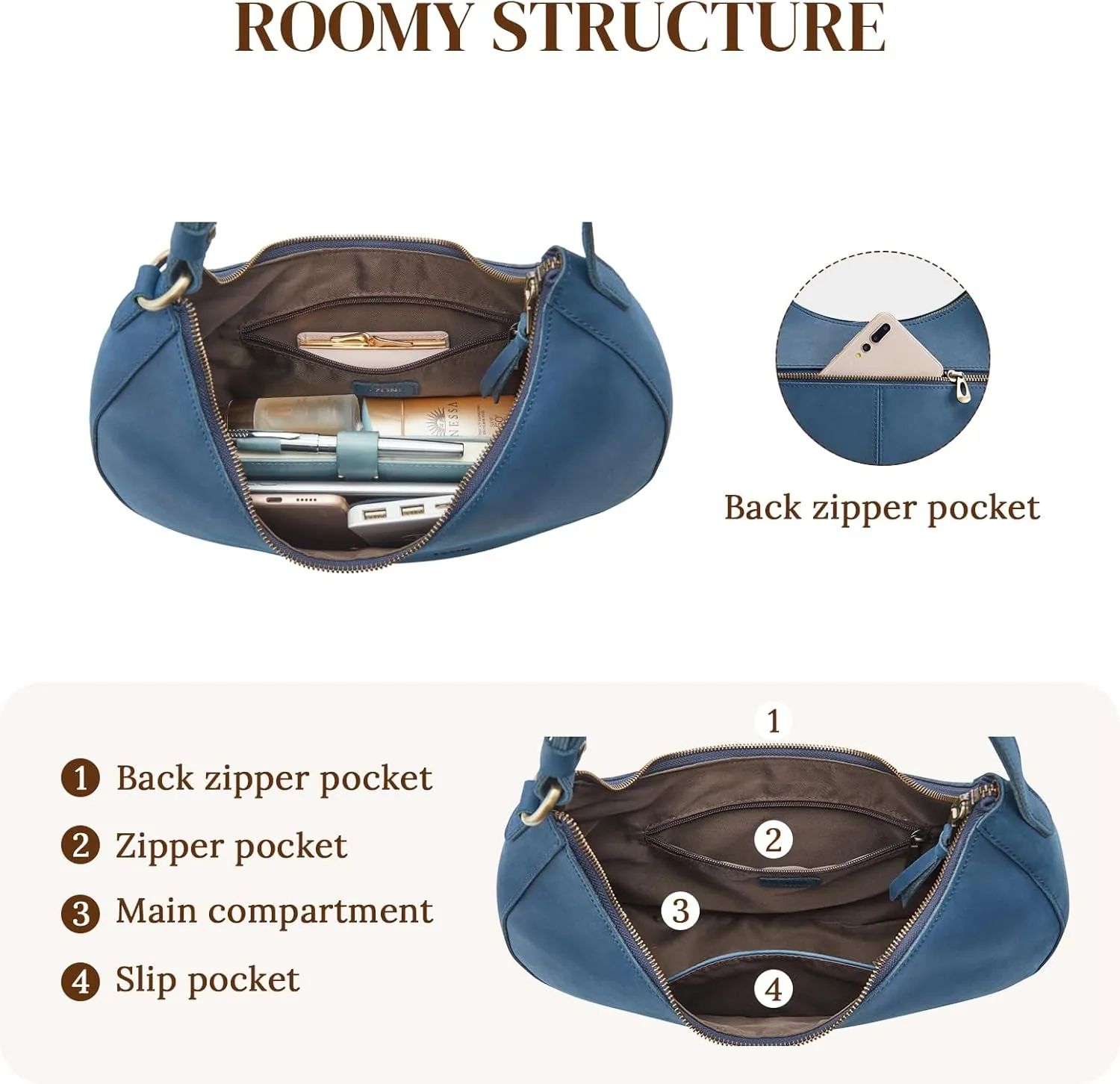 S-ZONE Top Grain Leather Shoulder Bags for Women Hobo Crescent Bag Handbags Purse