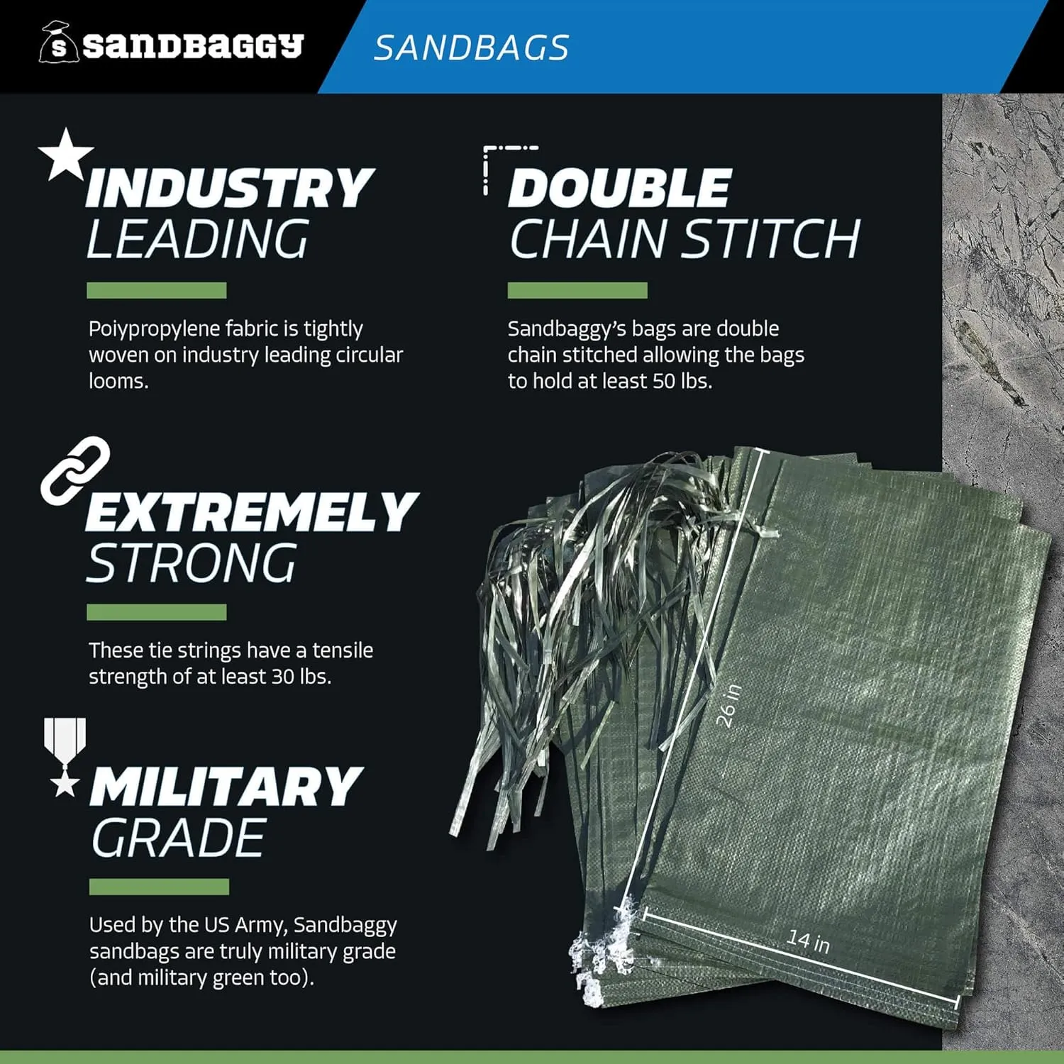Sandbaggy - Empty Poly Sandbags W/UV Protection - Size: 14" x 26" - Color: Green - Military Grade (30 Bags)