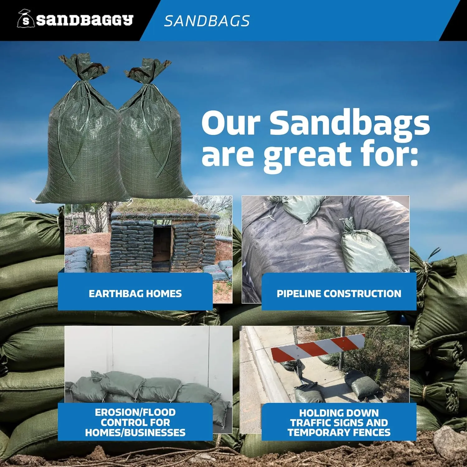 Sandbaggy - Empty Poly Sandbags W/UV Protection - Size: 14" x 26" - Color: Green - Military Grade (30 Bags)