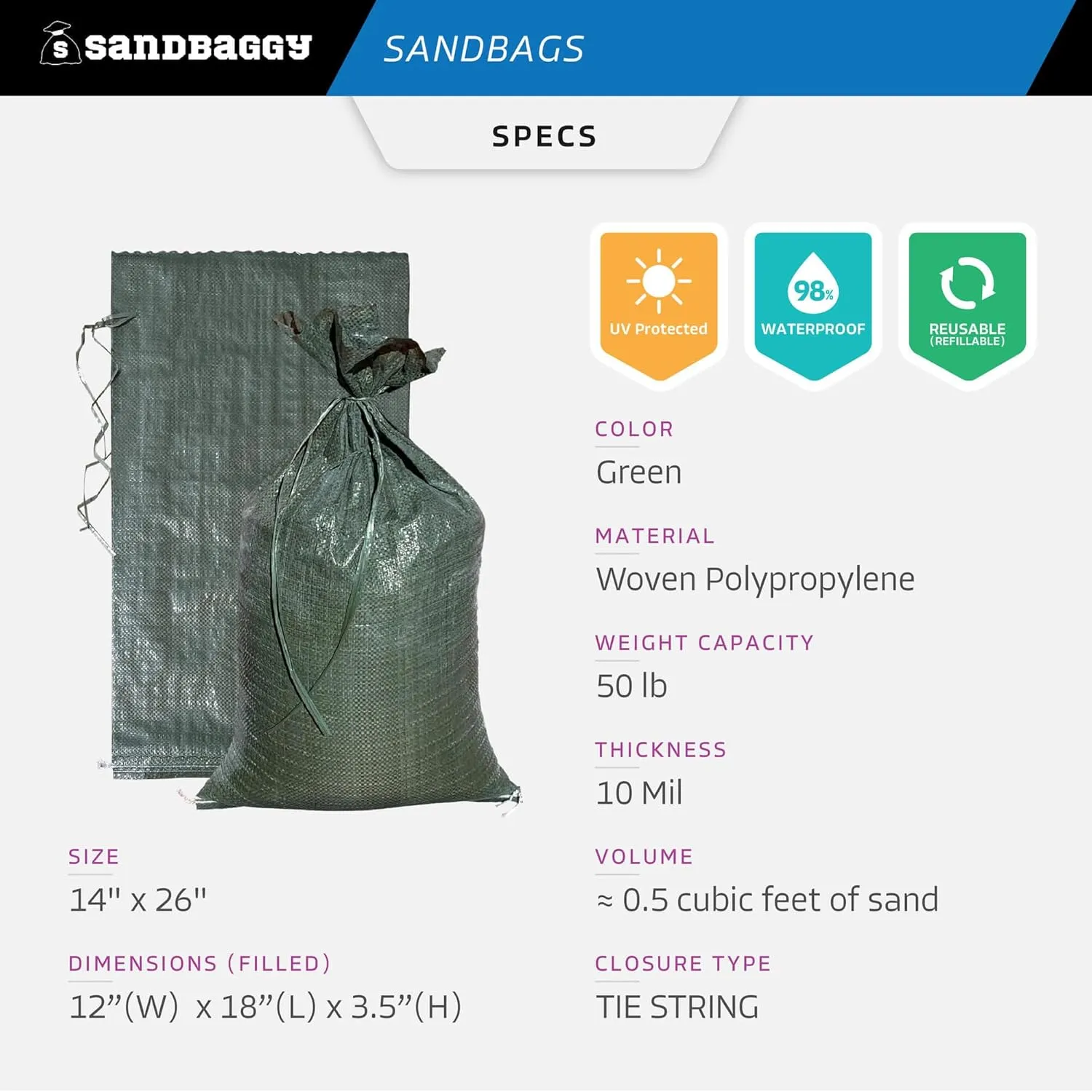 Sandbaggy - Empty Poly Sandbags W/UV Protection - Size: 14" x 26" - Color: Green - Military Grade (30 Bags)