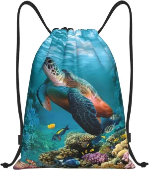 Sea Turtle Drawstring Bags Turquoise Drawstring Backpack Cute Fish Sackpack Draw String Cinch Bags for Sports, Gym, Travel, Swimming, Beach, Camping
