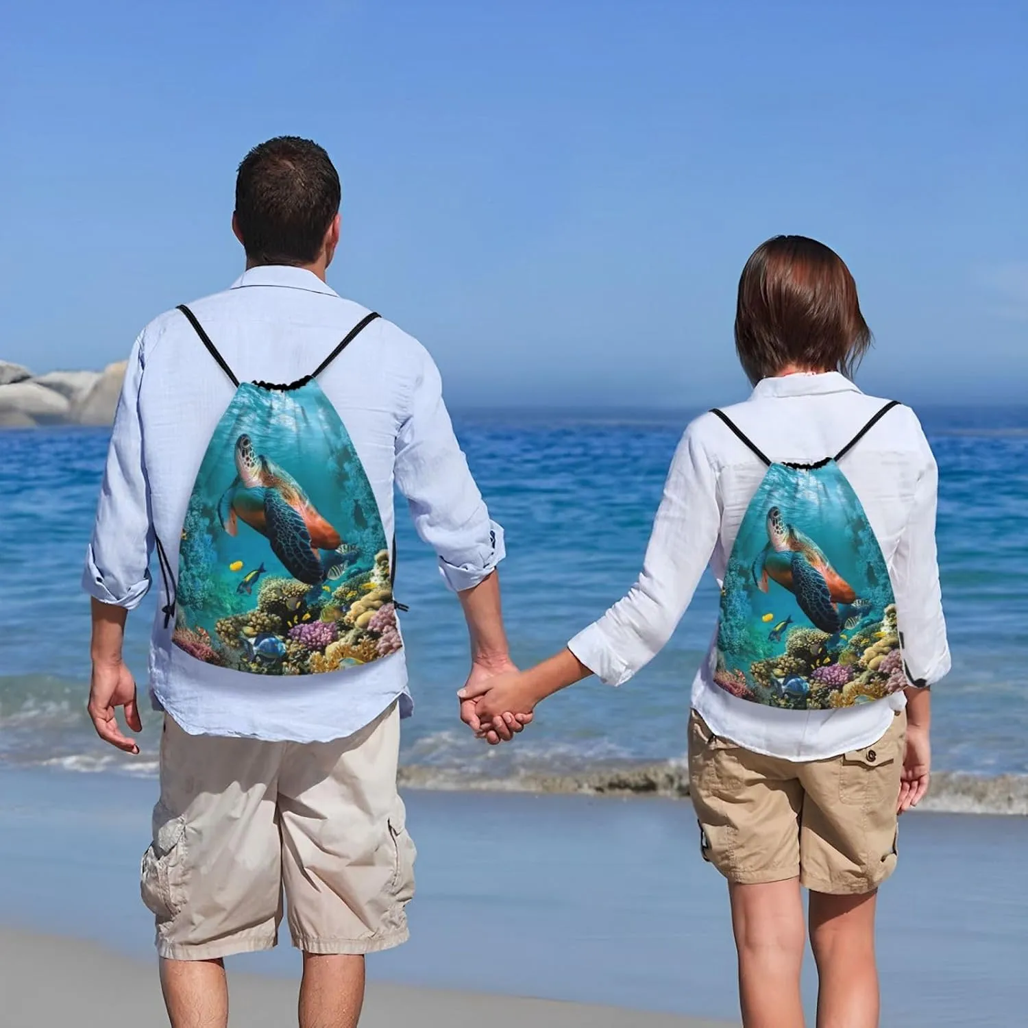 Sea Turtle Drawstring Bags Turquoise Drawstring Backpack Cute Fish Sackpack Draw String Cinch Bags for Sports, Gym, Travel, Swimming, Beach, Camping
