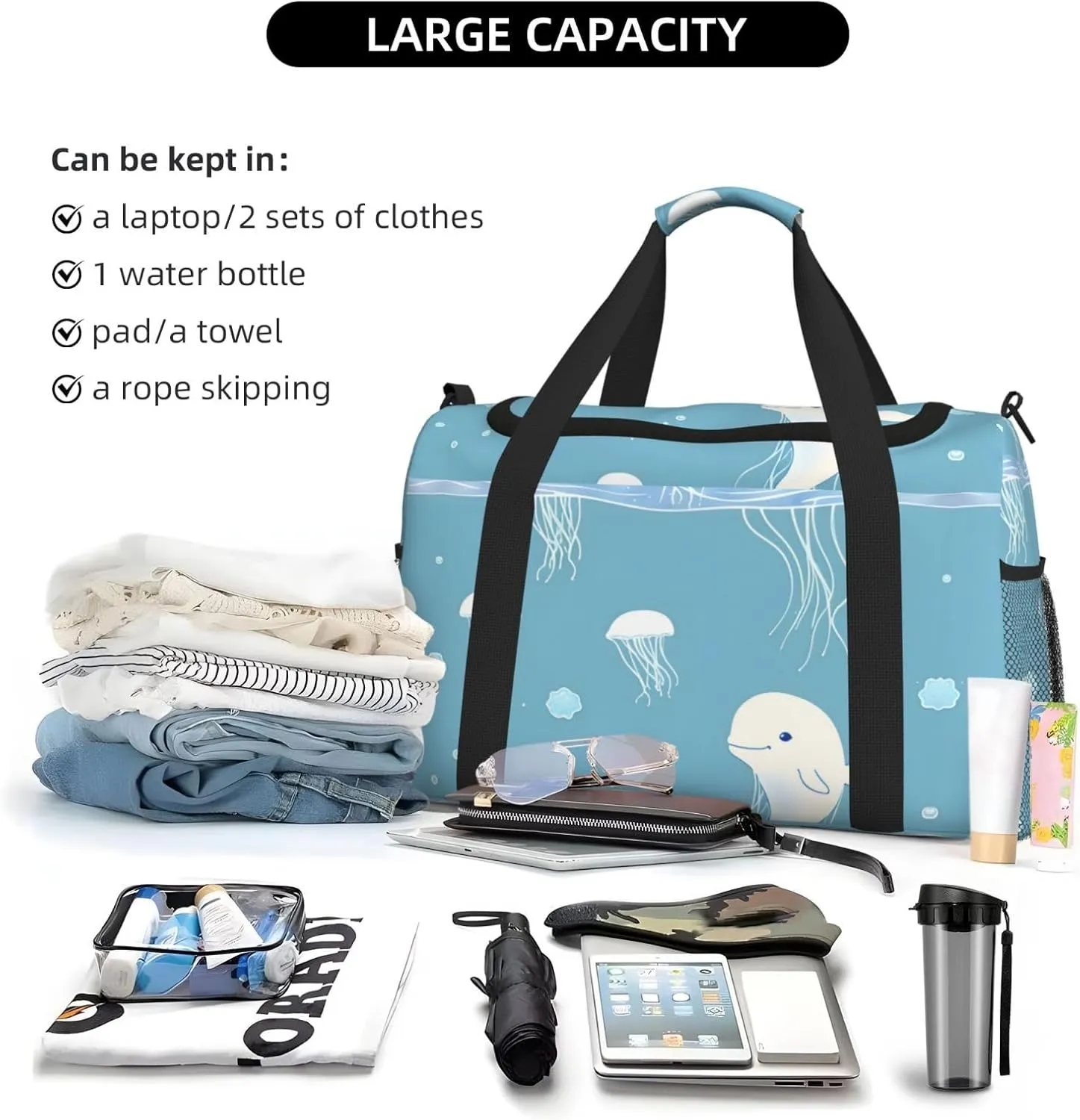 Sea Whale And Jellyfish Travel Bag, Weekender Bags For Women Men For Outdoor Adventures, Ideal For Camping And Hiking