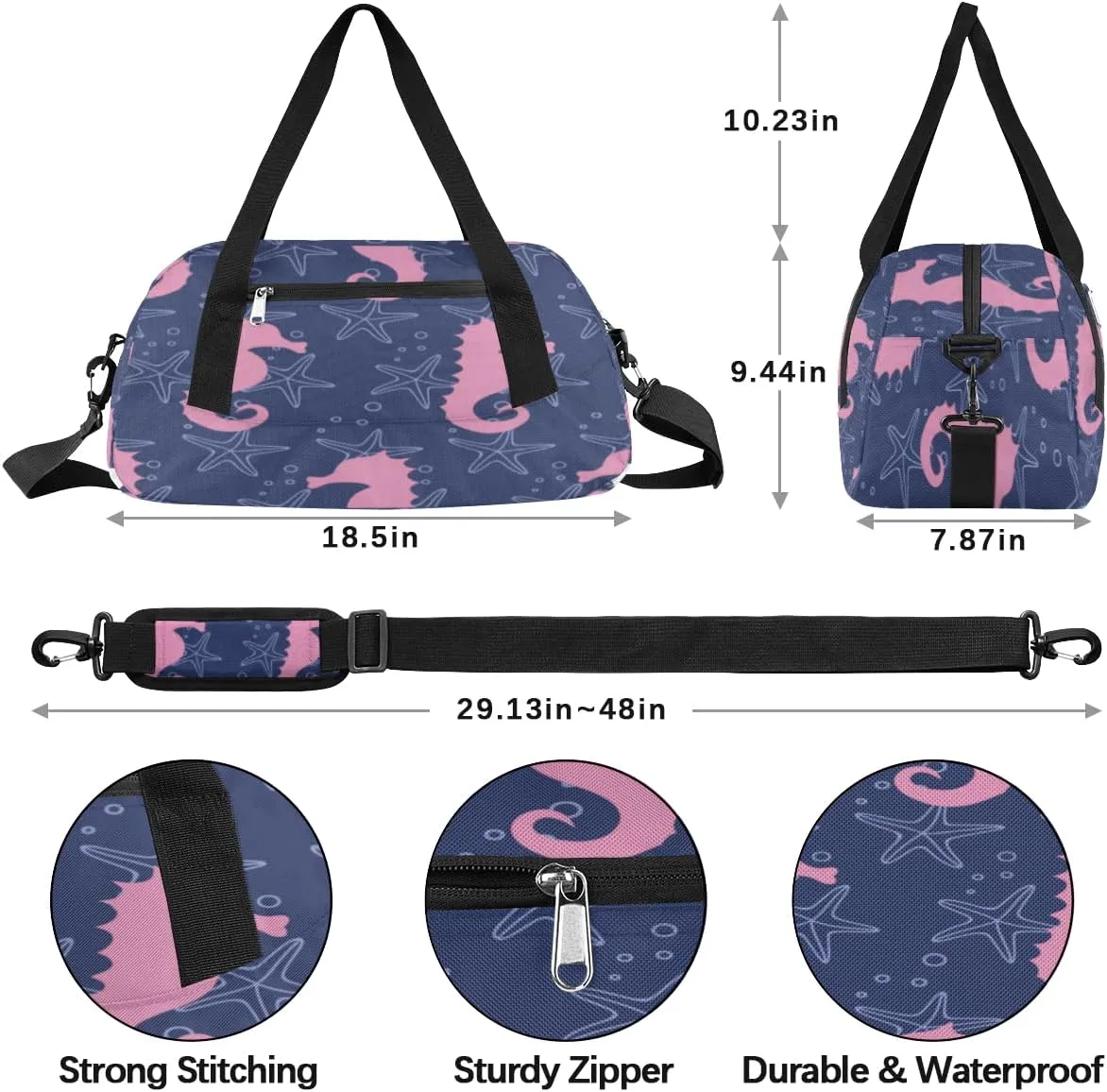 Seahorse Gym Bag, Duffle Bag, Weekender Bag, Duffel Bag, Overnight Bag, Travel Duffel Bag, Dance Bag, Tote Bag, Beach Bag, Pool Bag, Gym Duffle Bag, Carry on Bag
