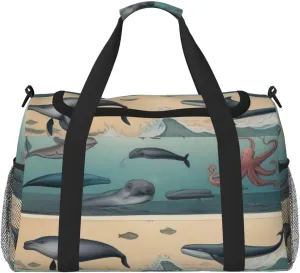 Seal Whale Octopus Fish Print Travel Duffel Bag for Men & Women, Foldable Travel Bags and Spacious Weekender Tote Bag for Storage Toiletry Luggage Personal Item