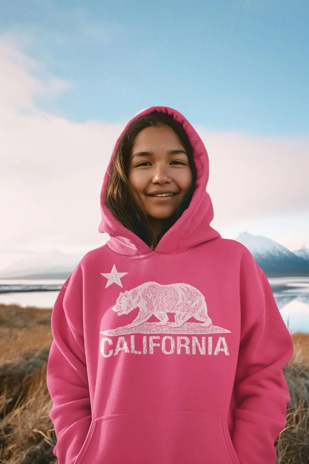 shop4ever California Distressed White Bear Hoodies Cali Sweatshirts