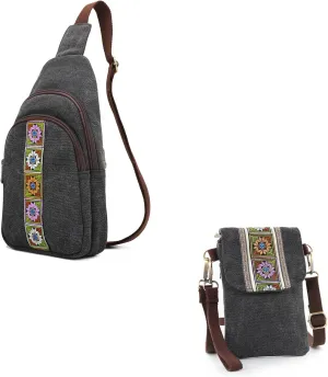 SILKAREA Embroidered Canvas Small Crossbody bags Sling Backpack Purse for Women Travel Chest Bag Crossbody Backpack Shoulder Bag
