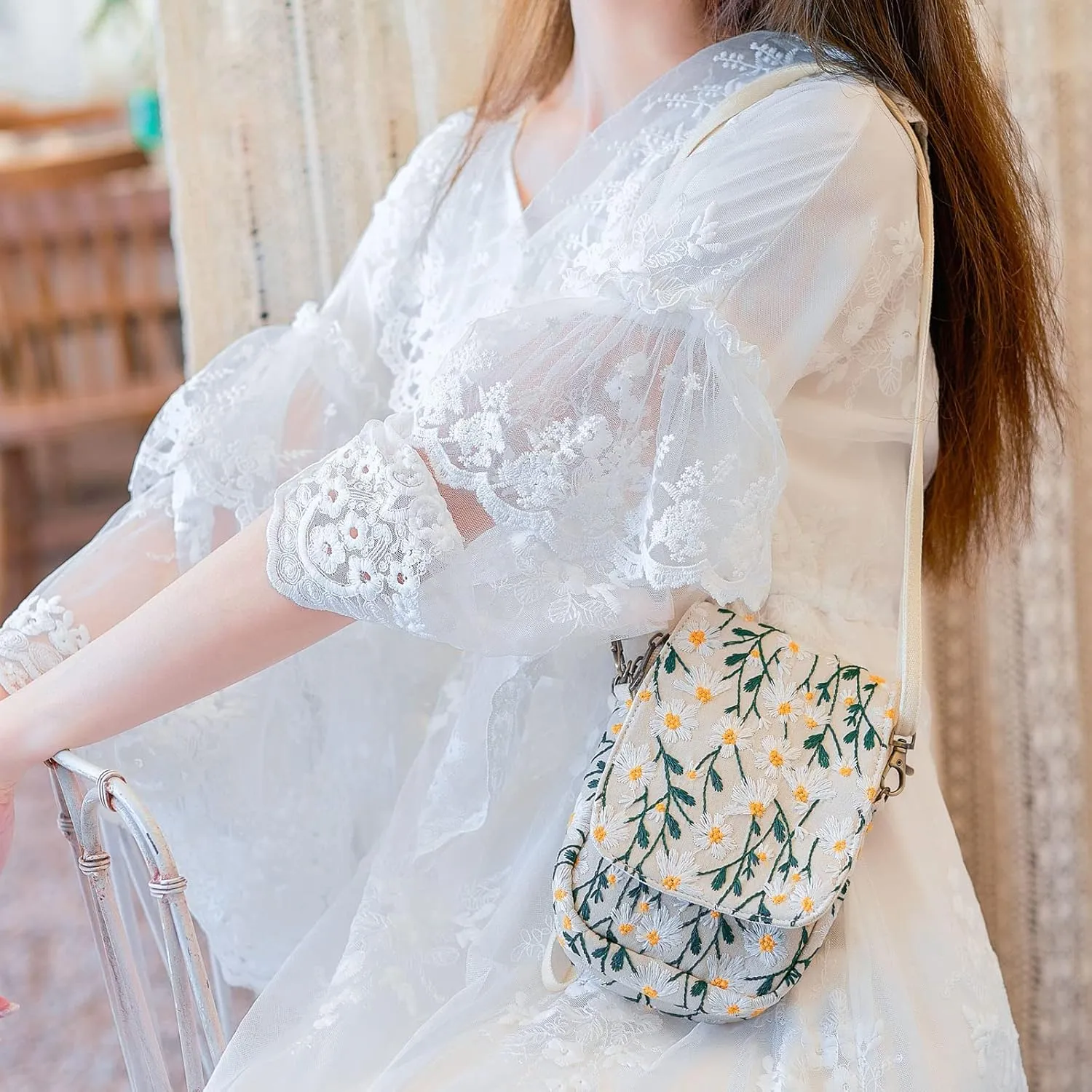 SILKAREA Embroidered Cute Mini Crossbody Bag for Women Small Handbags Wristlet Wallet Bag Cell-phone Pouch Coin Purse