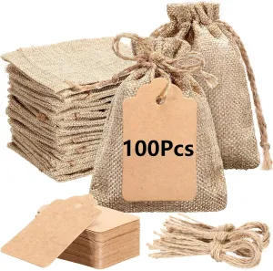 SilTriangle 100 Pcs Burlap Bags with Gift Tags and String, 4 x 6 Inches Small Burlap Sacks, Drawstring Bags, Jewelry Pouches, Reusable Linen Sacks Bag for Christmas Wedding Party Favor Gift Wrapping