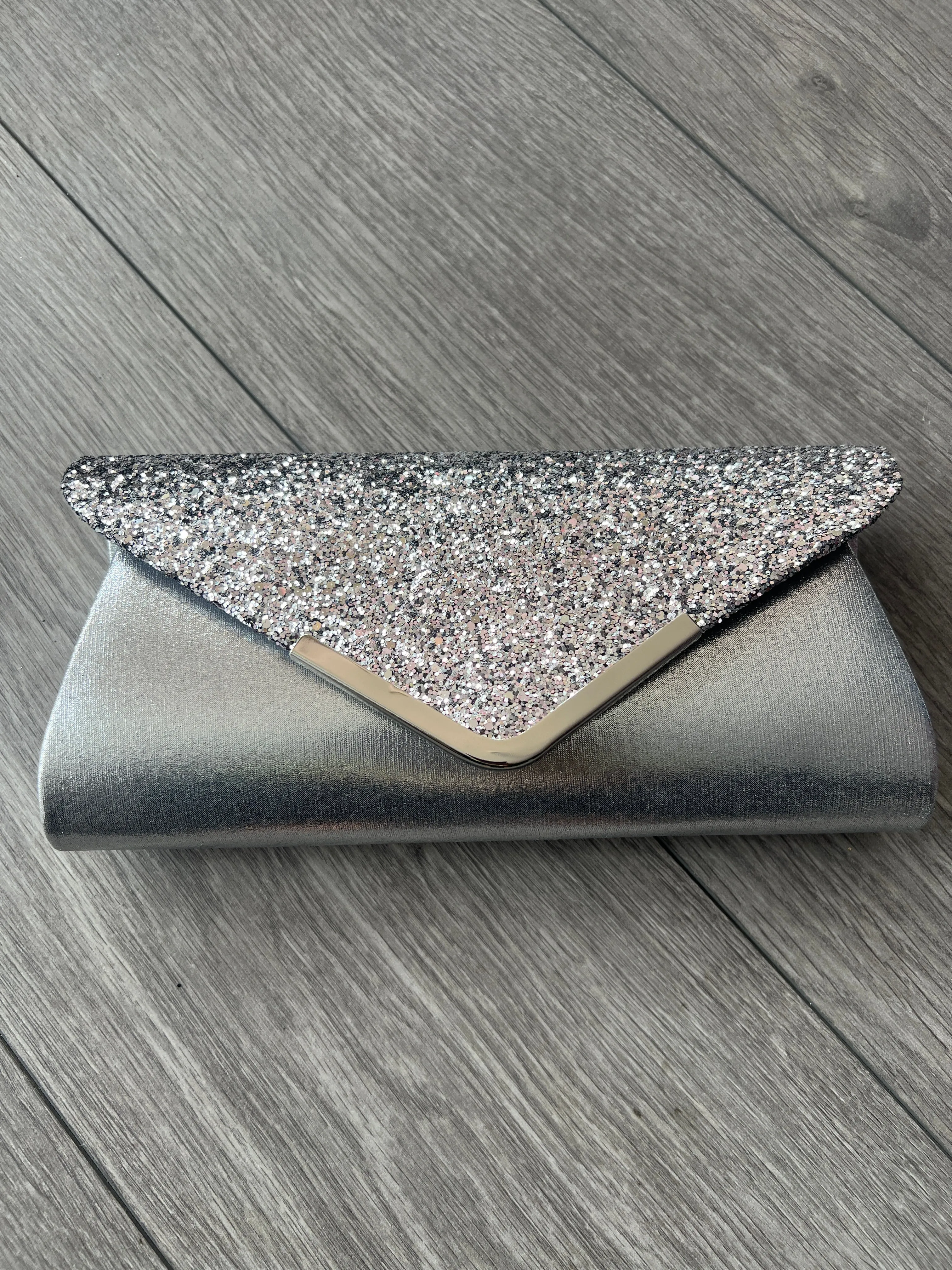 Silver Grey Glitter Clutch Bag
