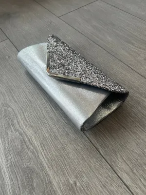 Silver Grey Glitter Clutch Bag