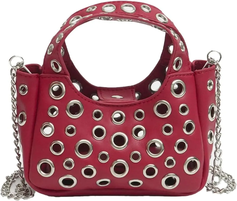 Simple Studded Shoulder Bag For Women Vegan Leather Crossbody Purse Y2K Womens Bucket Bag Hollowed-out Punk Tote Purse 2025