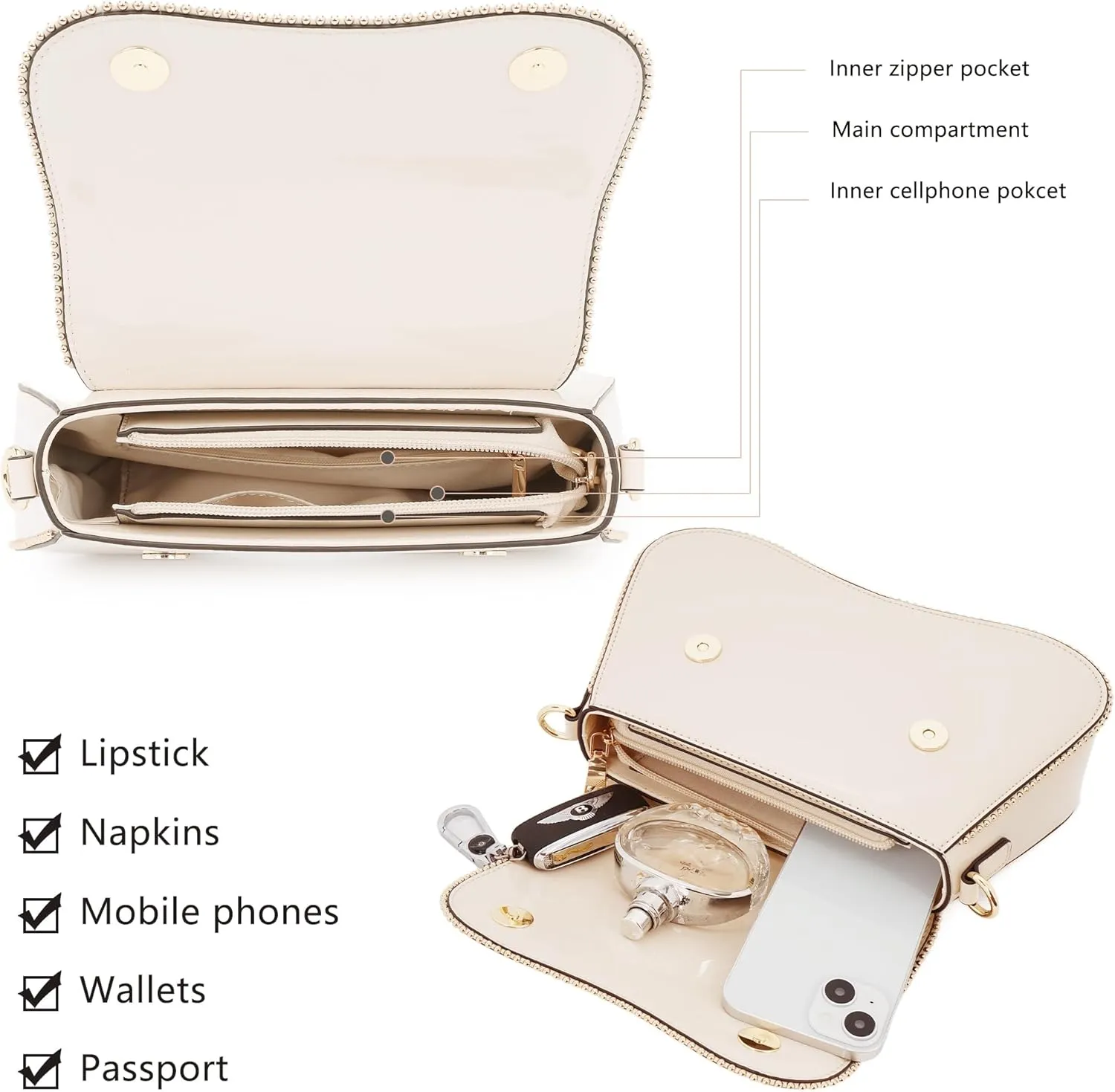 Small Patent Leather Crossbody Bags for Women Y2K Purse Trendy Hobo Handbag Designer Studded Shoulder Bag