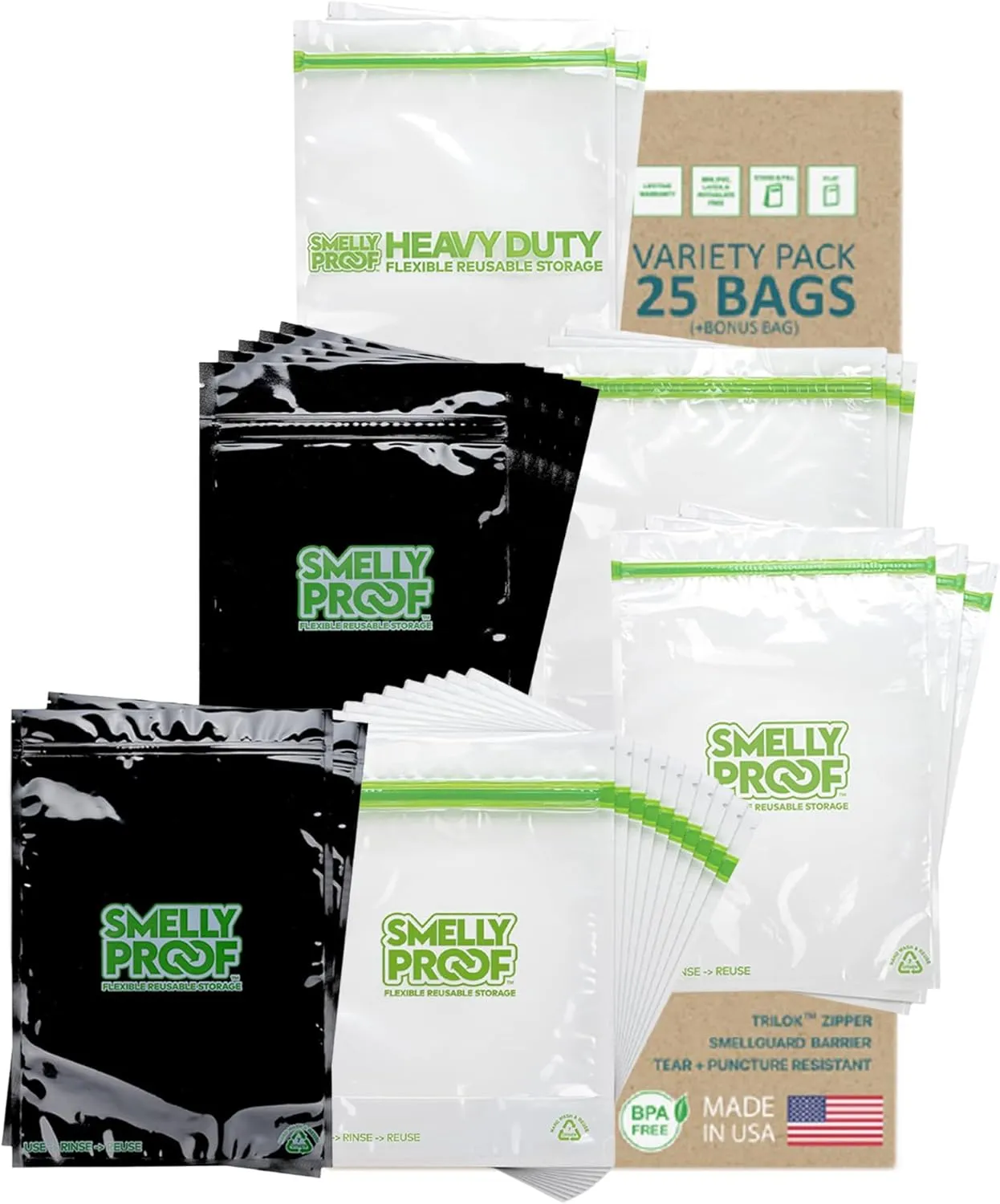 Smelly Proof Reusable Bag Outdoor Adventure Bundle: Expandable Heavy-Duty, Clear & Black, Perfect for Camping, Hiking, Fishing, Backpacking - Multi-Size Pack   1 x Free Bonus Bag
