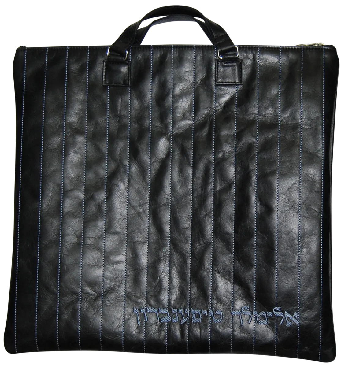 Smoke pinstripe embroidery design on black distressed leather Tallis and tefillin bag