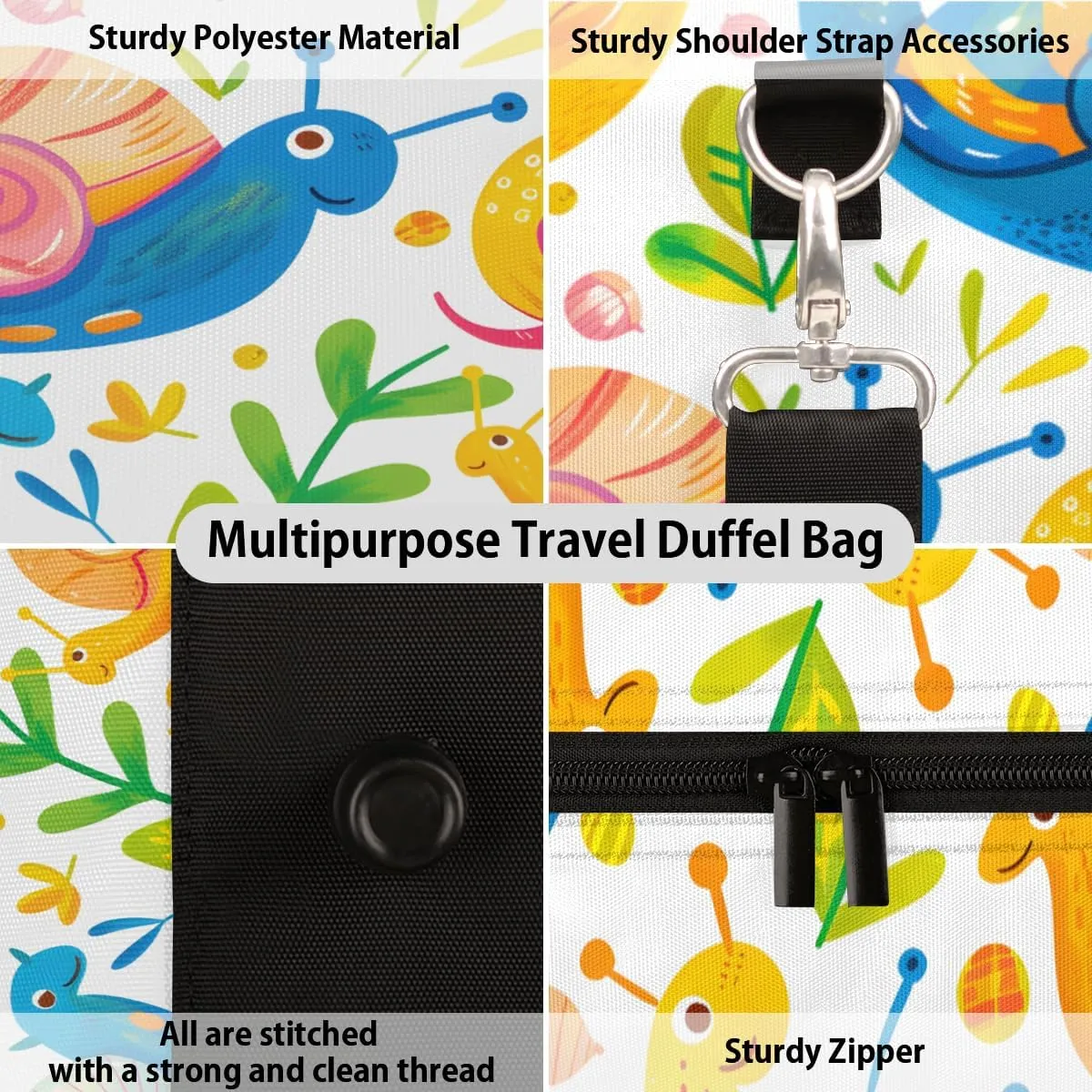 Snails Travel Duffle Bag, Sports Gym Bags for Women Men, Carry On Weekender Overnight Bag, Cute Snails Workout Hospital Airplane Trips Bag