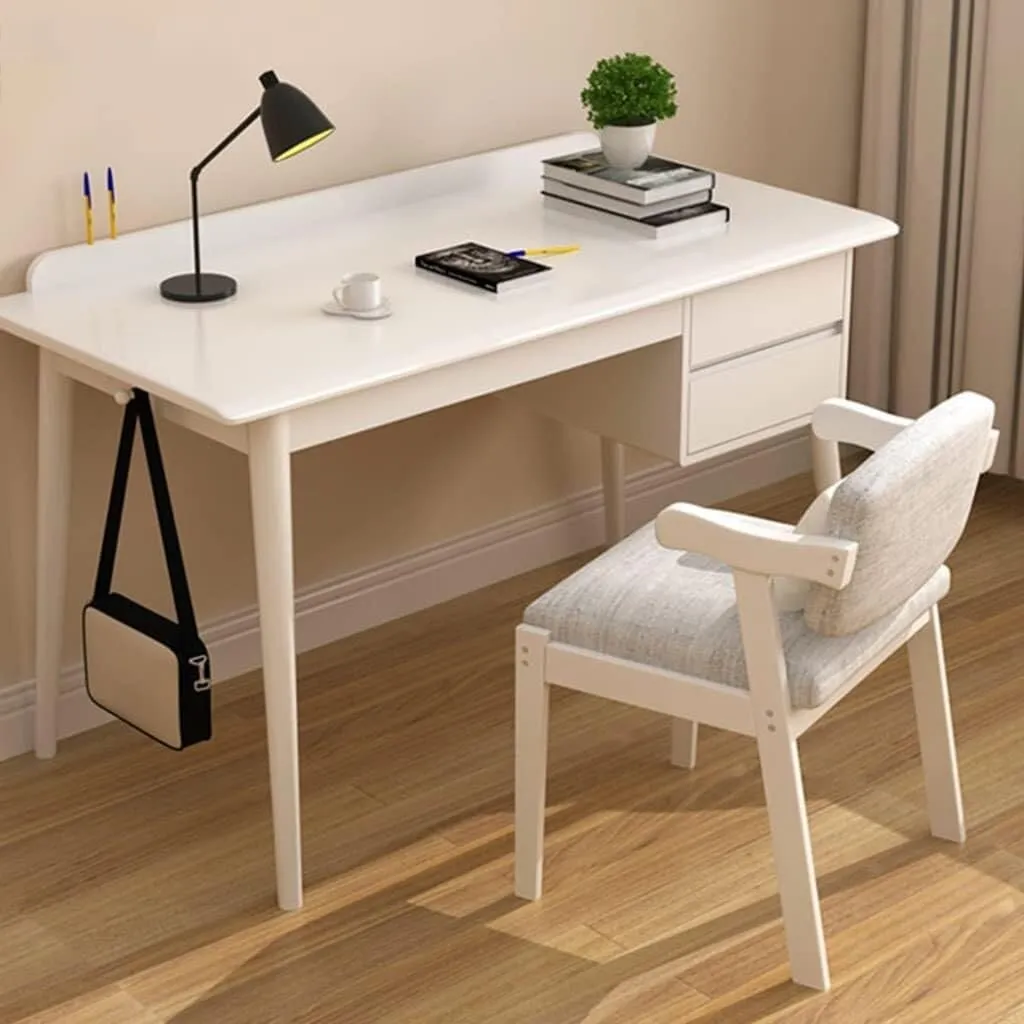 Solid Wood Writing Desk with Drawer, Multifunctional Desk with Double-Side Hooks, Rounded Corners, Pen Slot, Ideal for Study, Bedroom, Office (White 140x55x75cm)(White,140 * 55 * 75cm)