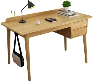 Solid Wood Writing Desk with Drawer, Multifunctional Desk with Double-Side Hooks, Rounded Corners, Pen Slot, Ideal for Study, Bedroom, Office (White 140x55x75cm)(White,140 * 55 * 75cm)