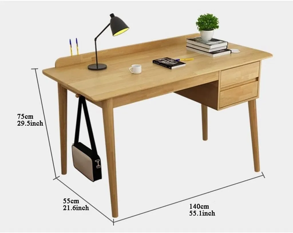 Solid Wood Writing Desk with Drawer, Multifunctional Desk with Double-Side Hooks, Rounded Corners, Pen Slot, Ideal for Study, Bedroom, Office (White 140x55x75cm)(White,140 * 55 * 75cm)
