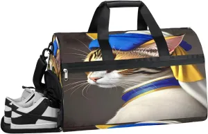 Sports Gym Bag Women Men with Wet Pocket & Shoes Compartment, Cat Pearl Earring White Travel Duffel Bag, Workout Dance Bag Tote Bags, Carry On Weekender