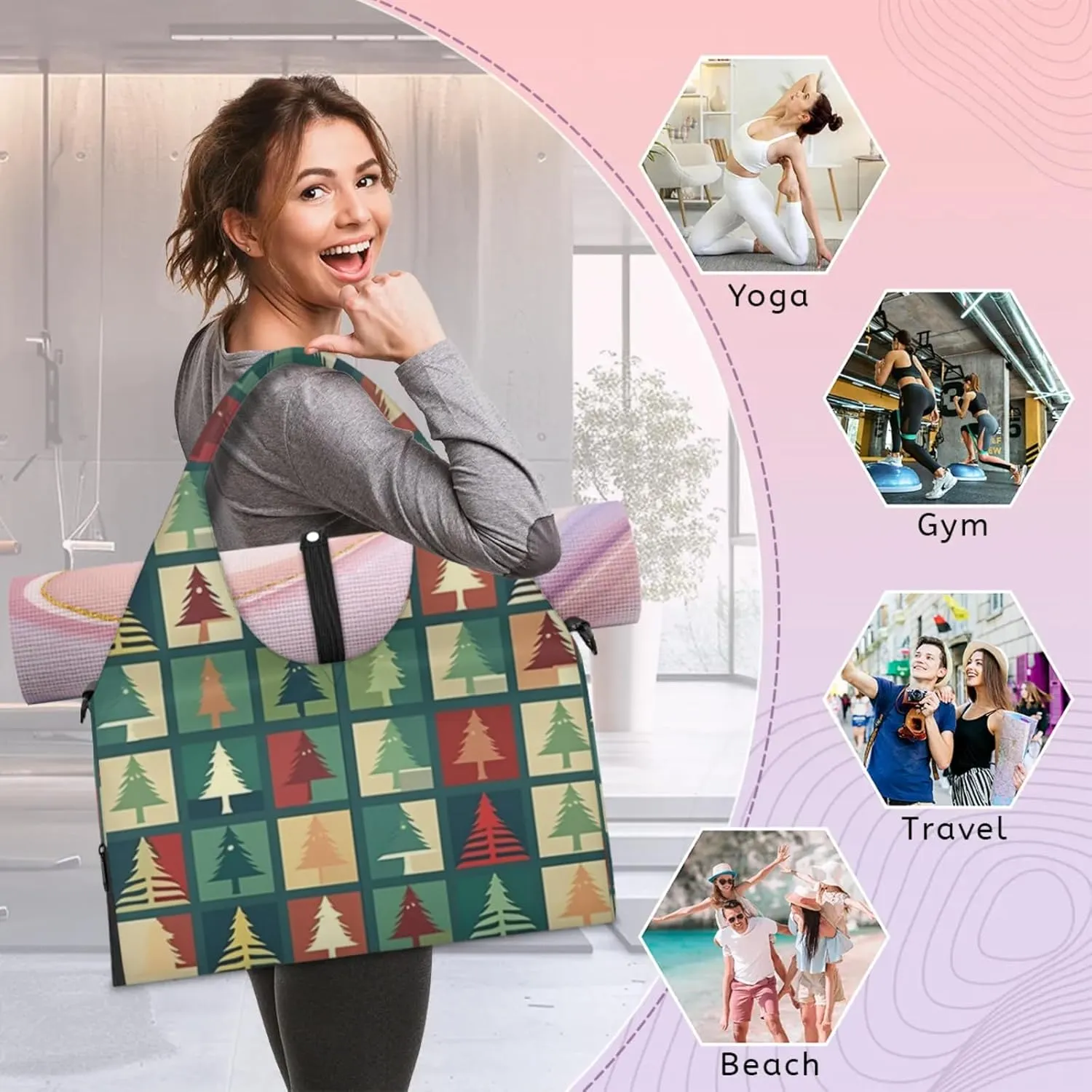 Square Tree Party Gym Bag Yoga Mat Tote for Women with Shoes Compartment Lightweight Duffle Travel Carrier Wet Dry Storage Pockets Adjustable Pilates Mats Shoulder Bags for Sport Swim