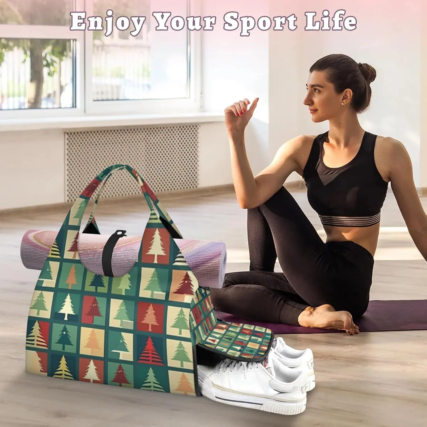 Square Tree Party Gym Bag Yoga Mat Tote for Women with Shoes Compartment Lightweight Duffle Travel Carrier Wet Dry Storage Pockets Adjustable Pilates Mats Shoulder Bags for Sport Swim