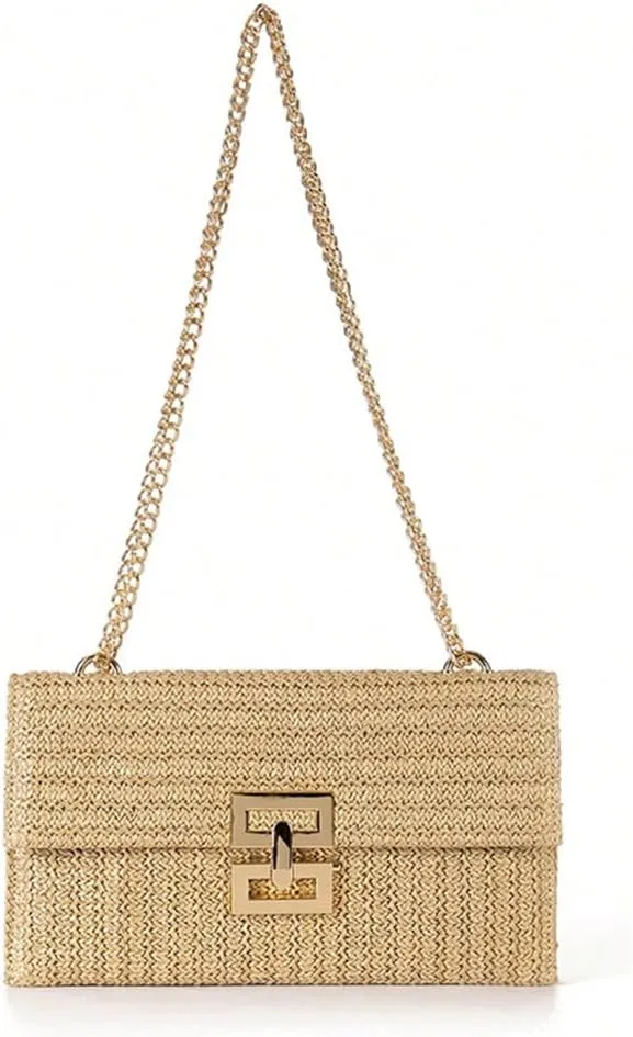 Straw Clutch Purse for Women - Summer Beach Bag, Woven Handbag with Chain Crossbody Shoulder Strap - Evening Bag