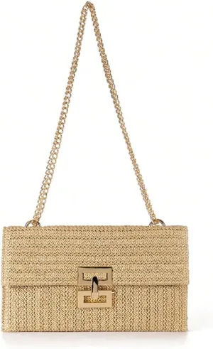 Straw Clutch Purse for Women - Summer Beach Bag, Woven Handbag with Chain Crossbody Shoulder Strap - Evening Bag
