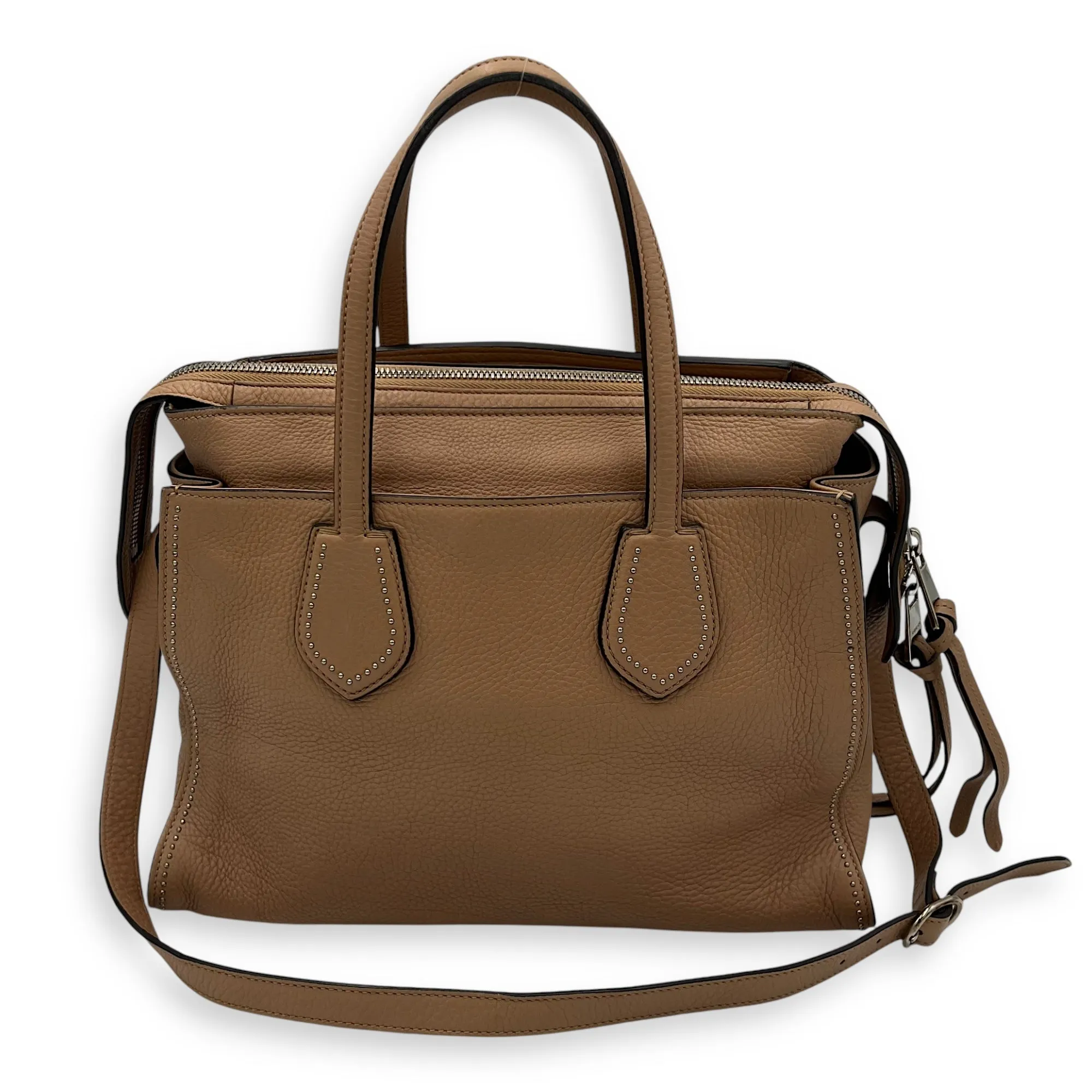 Studded 2 Way Brown Top Handle Bag in Calfskin, Gold hardware