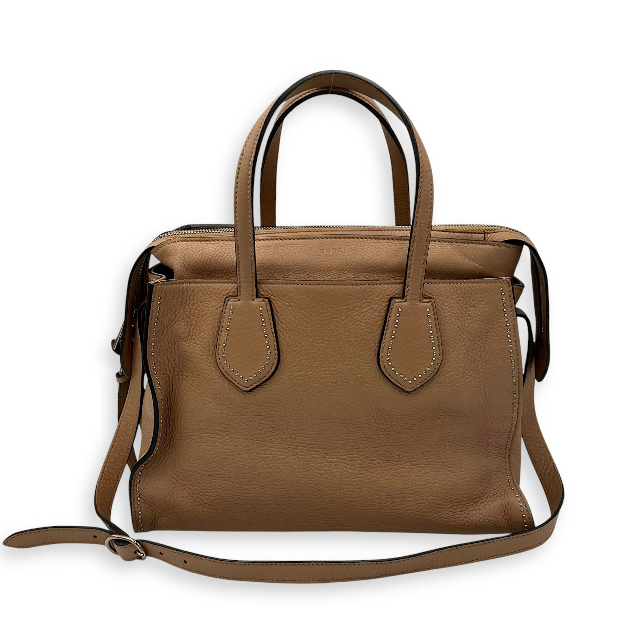 Studded 2 Way Brown Top Handle Bag in Calfskin, Gold hardware