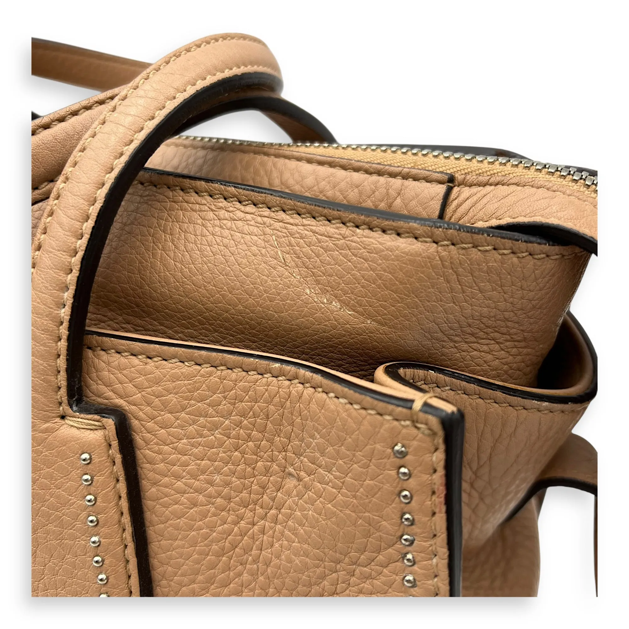 Studded 2 Way Brown Top Handle Bag in Calfskin, Gold hardware