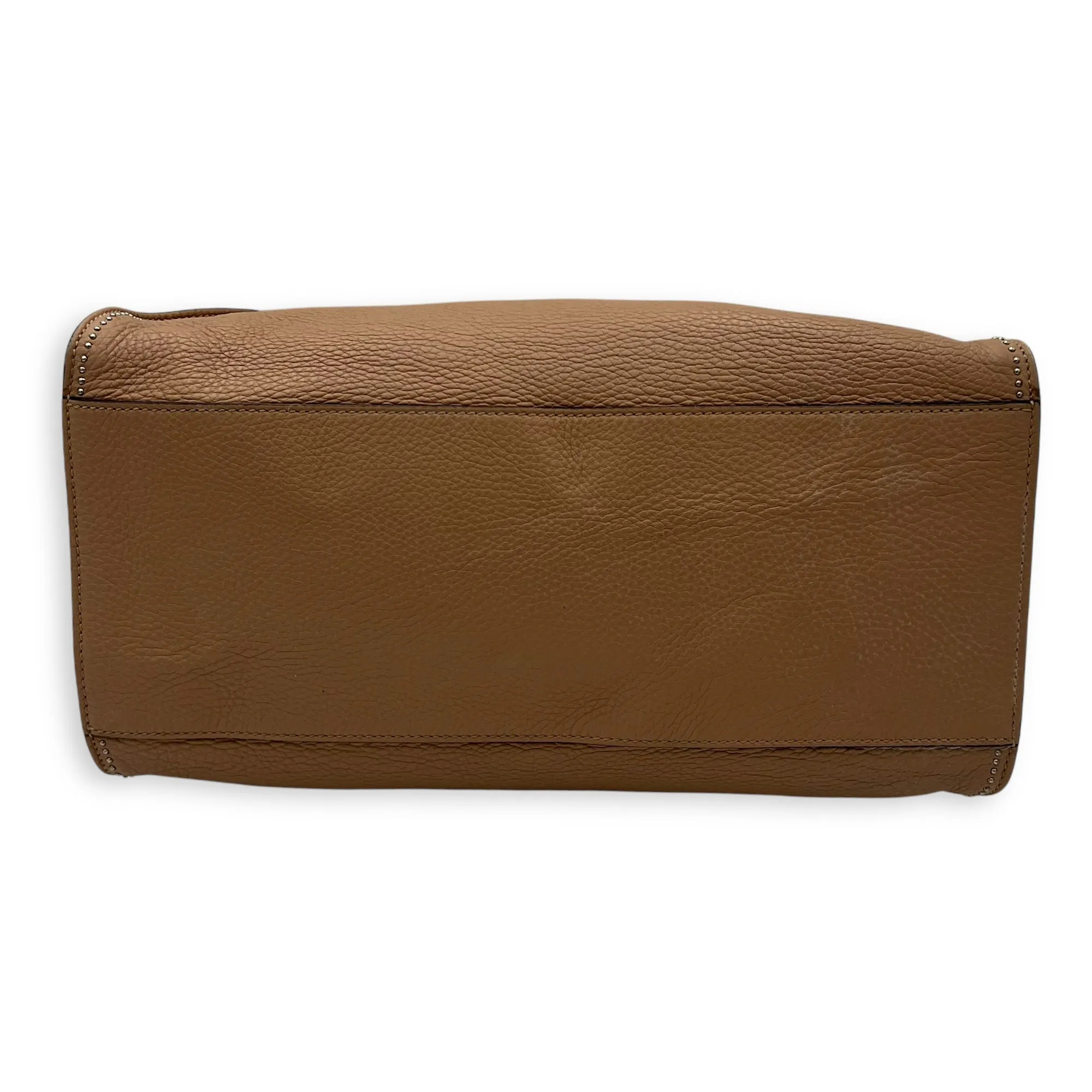 Studded 2 Way Brown Top Handle Bag in Calfskin, Gold hardware