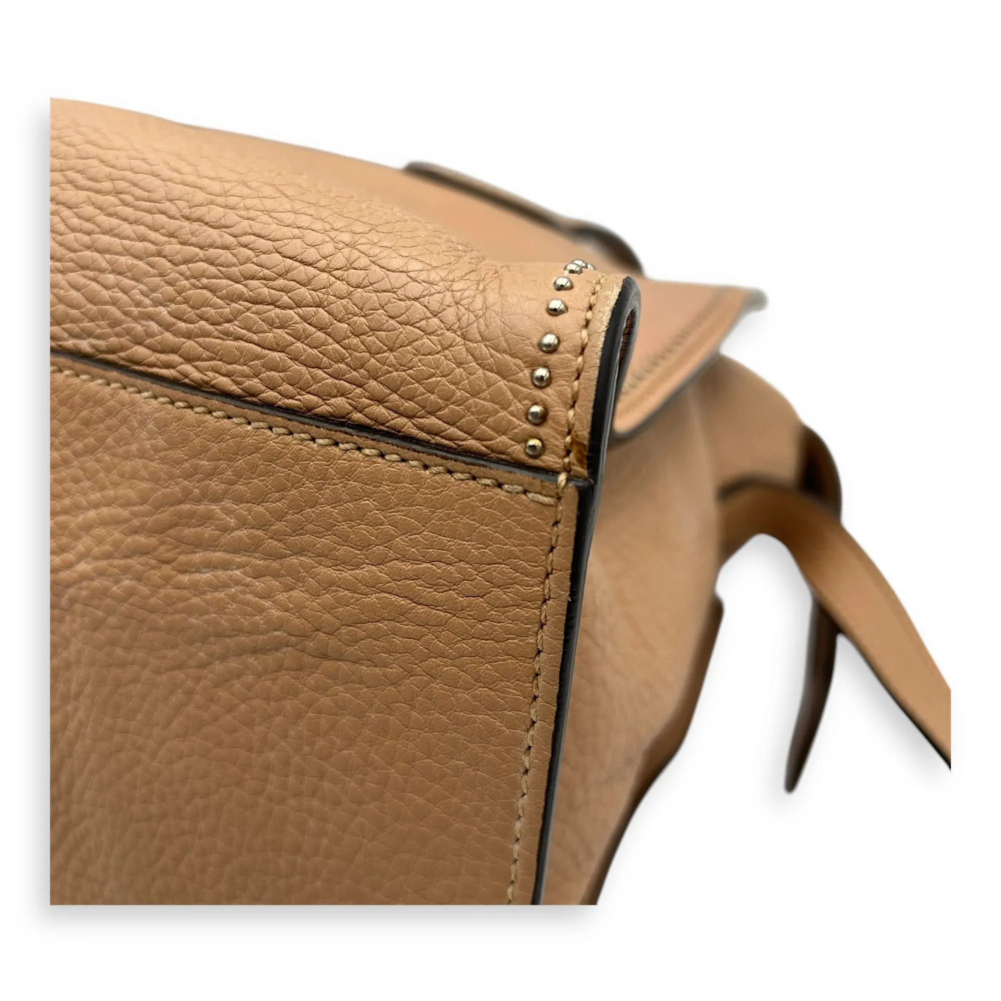 Studded 2 Way Brown Top Handle Bag in Calfskin, Gold hardware