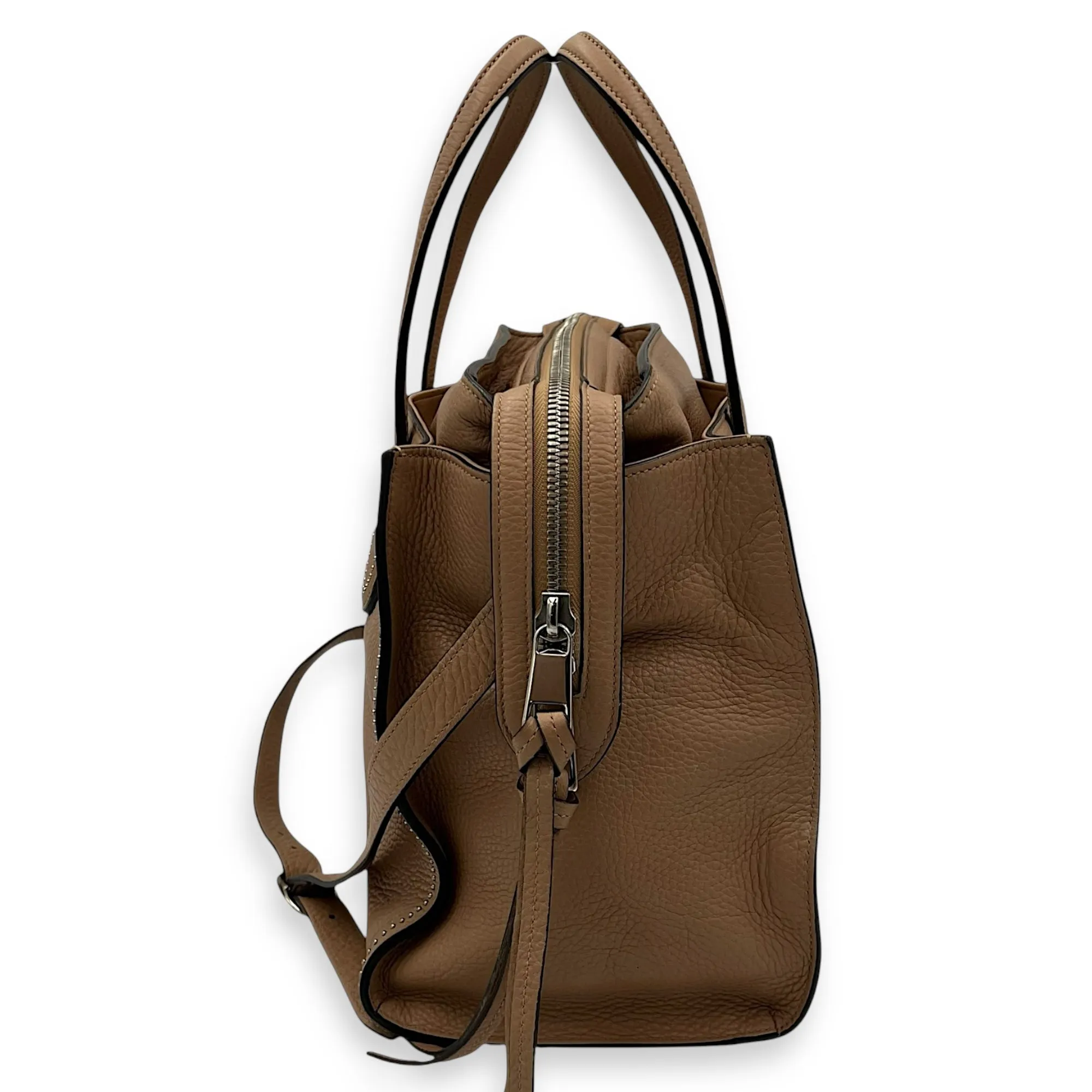 Studded 2 Way Brown Top Handle Bag in Calfskin, Gold hardware