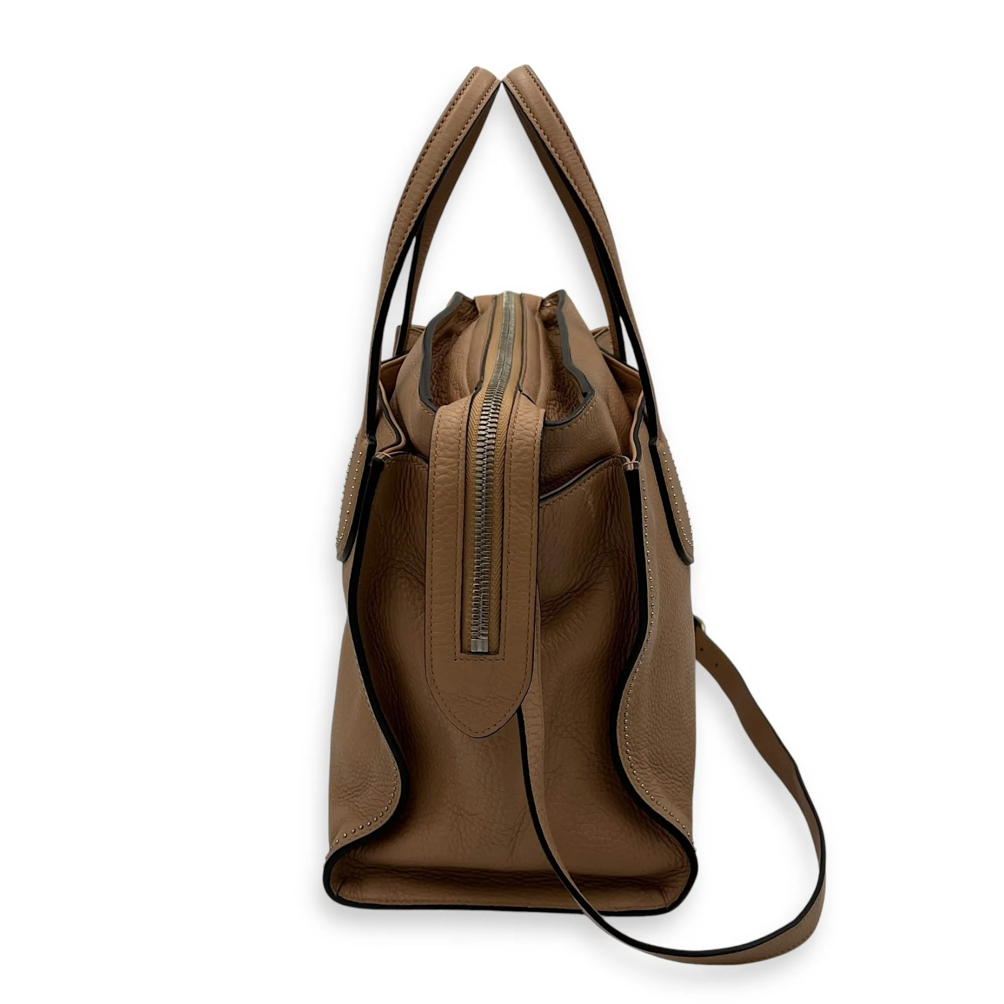 Studded 2 Way Brown Top Handle Bag in Calfskin, Gold hardware