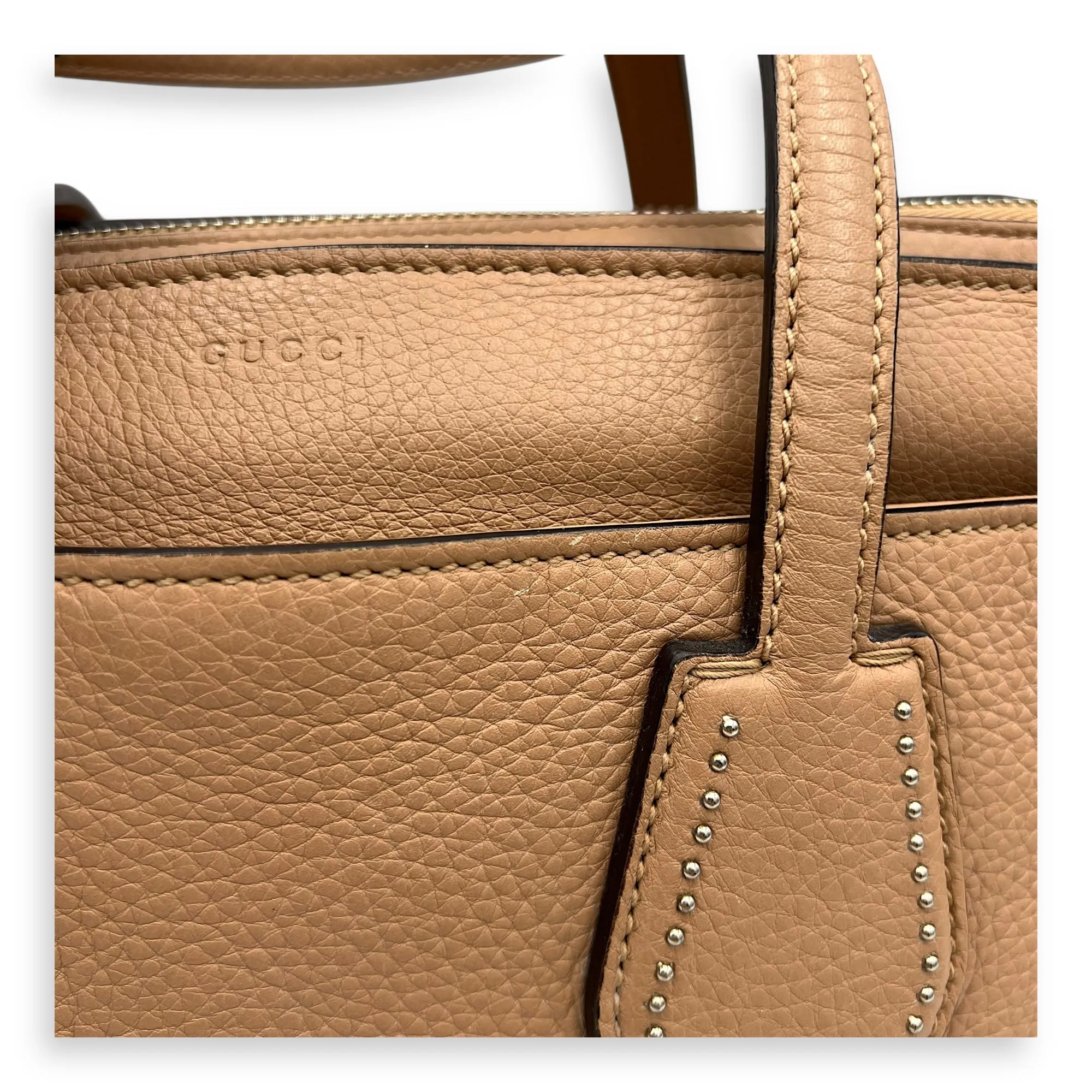 Studded 2 Way Brown Top Handle Bag in Calfskin, Gold hardware