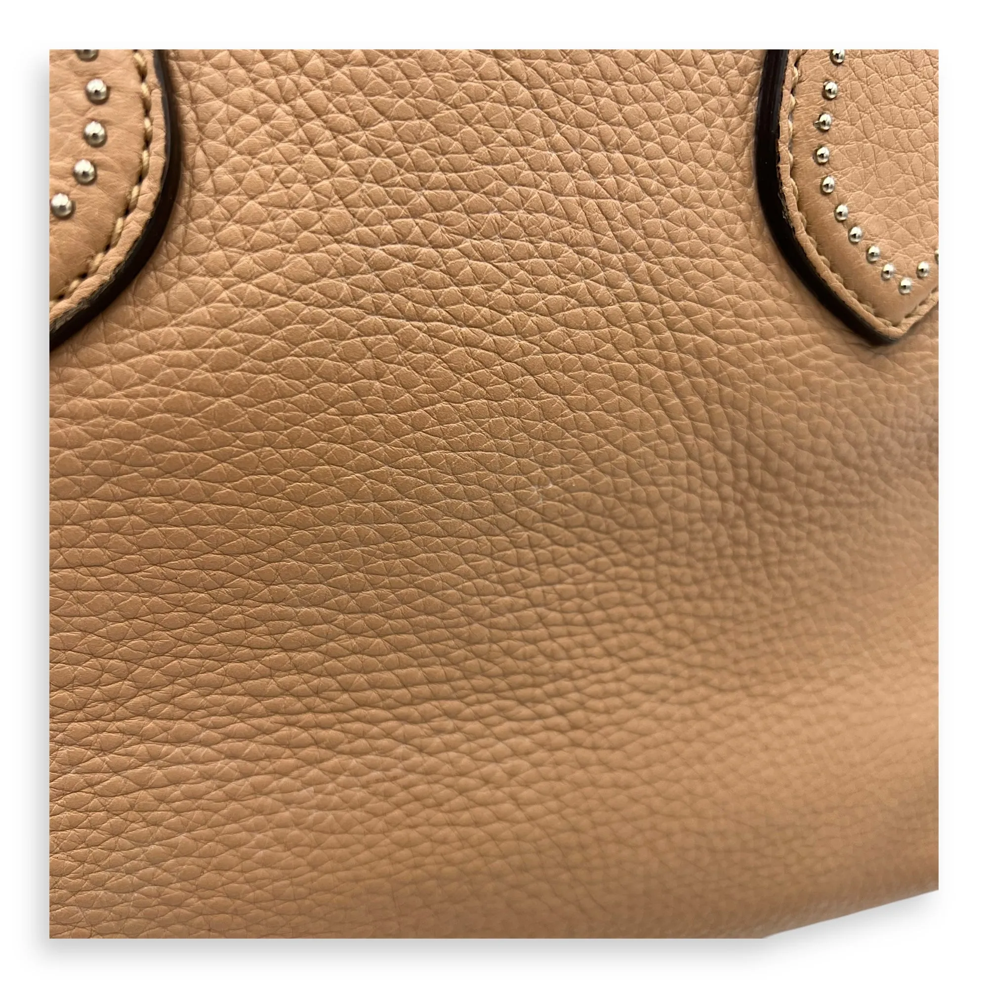 Studded 2 Way Brown Top Handle Bag in Calfskin, Gold hardware
