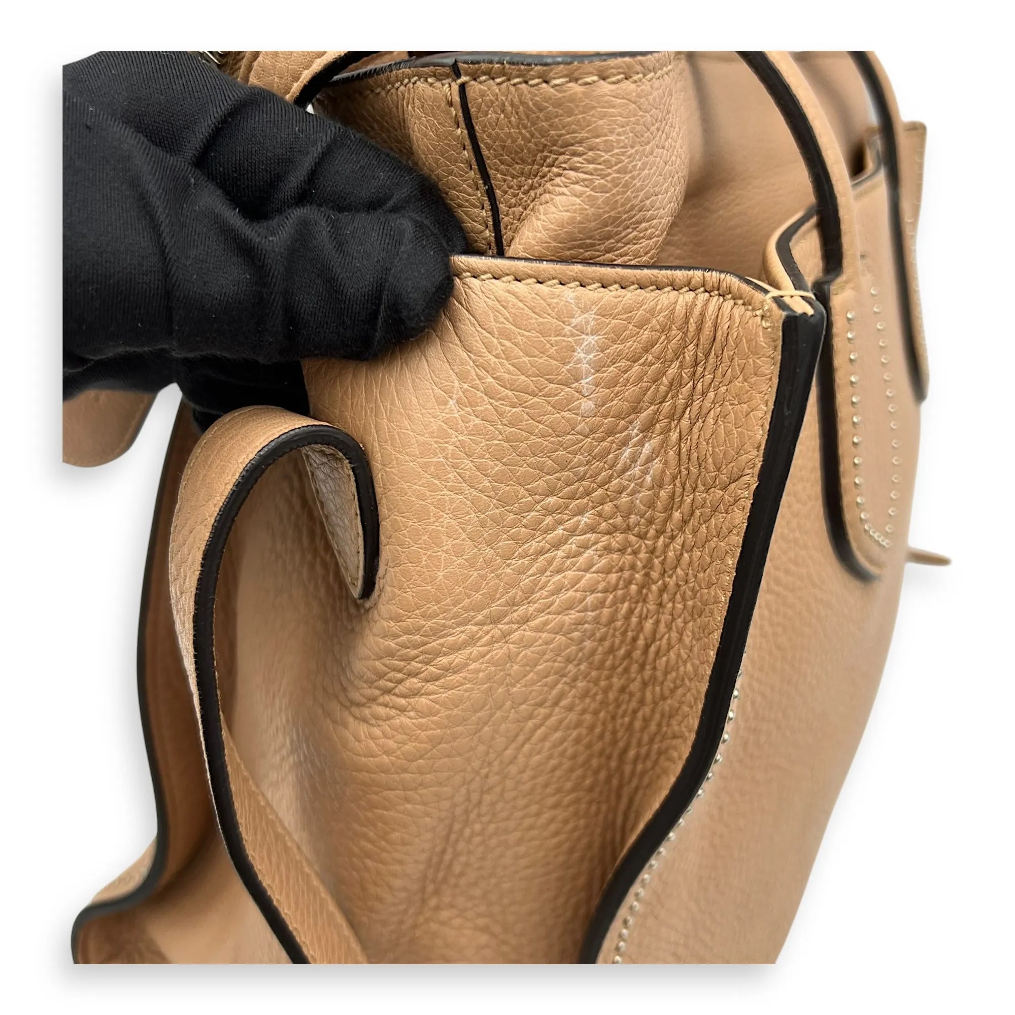 Studded 2 Way Brown Top Handle Bag in Calfskin, Gold hardware