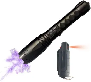 Stun Gun Flashlight and Pepper Spray Combo – Rechargeable Arc Tool with LED Light and Clip-On Spray Bottle for Men’s Outdoor Safety Kit