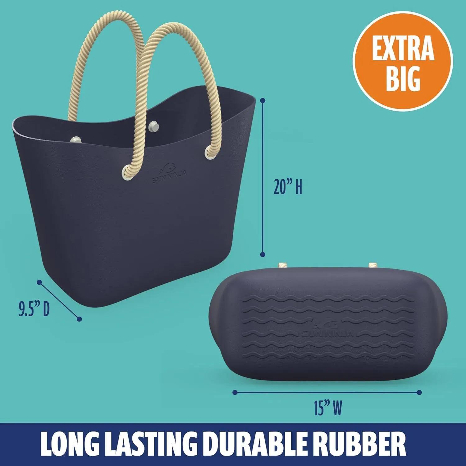 SUN NINJA Rubber Tote Bag - Extra Large Waterproof Sandproof and Washable EVA Plastic Bag for Boat Beach or Swim