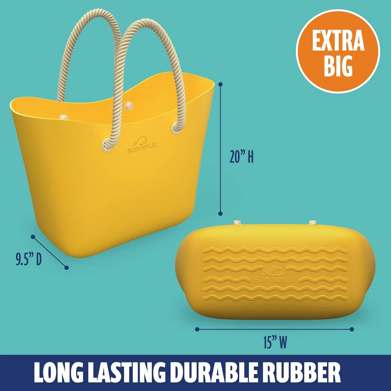 SUN NINJA Rubber Tote Bag - Extra Large Waterproof Sandproof and Washable EVA Plastic Bag for Boat Beach or Swim