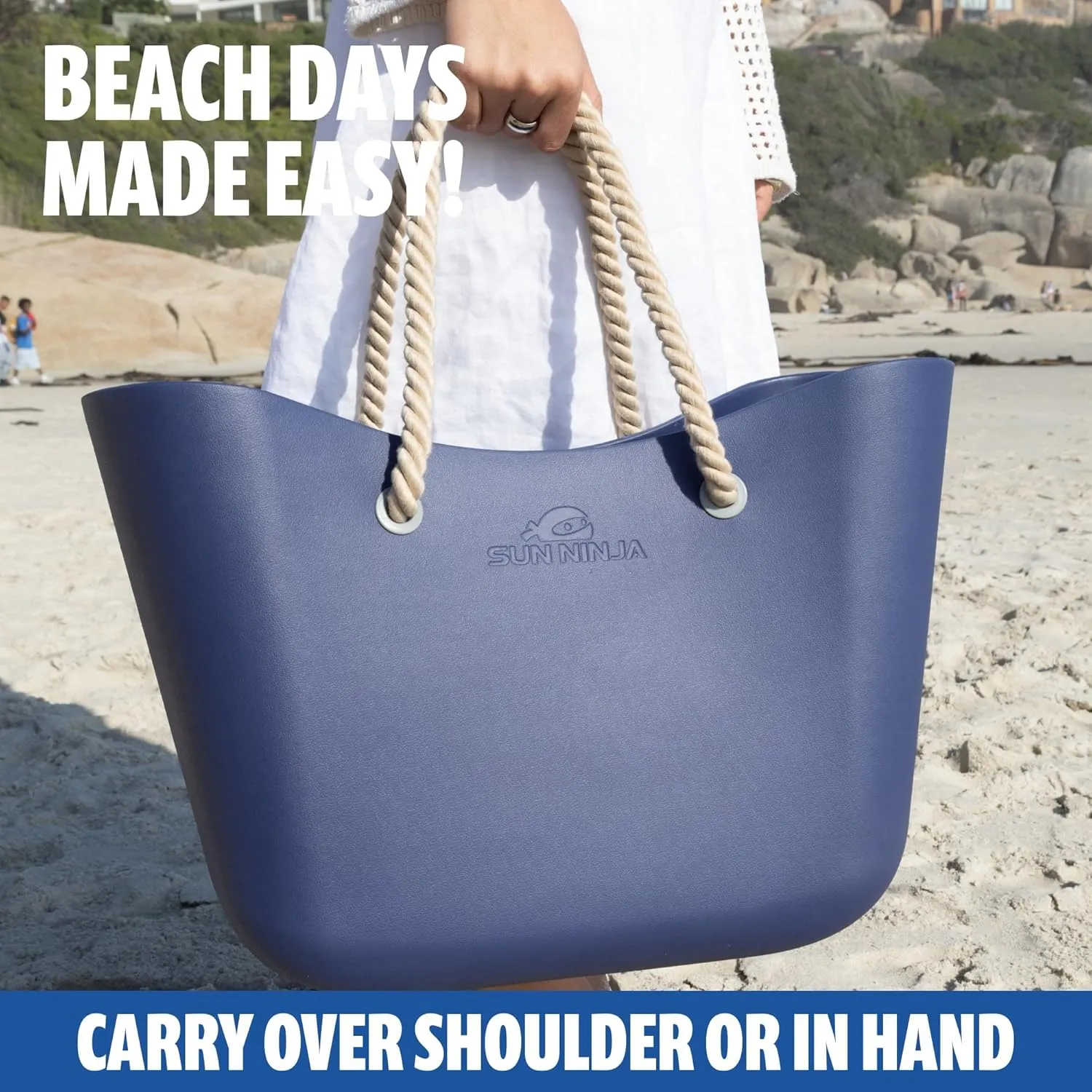 SUN NINJA Rubber Tote Bag - Extra Large Waterproof Sandproof and Washable EVA Plastic Bag for Boat Beach or Swim