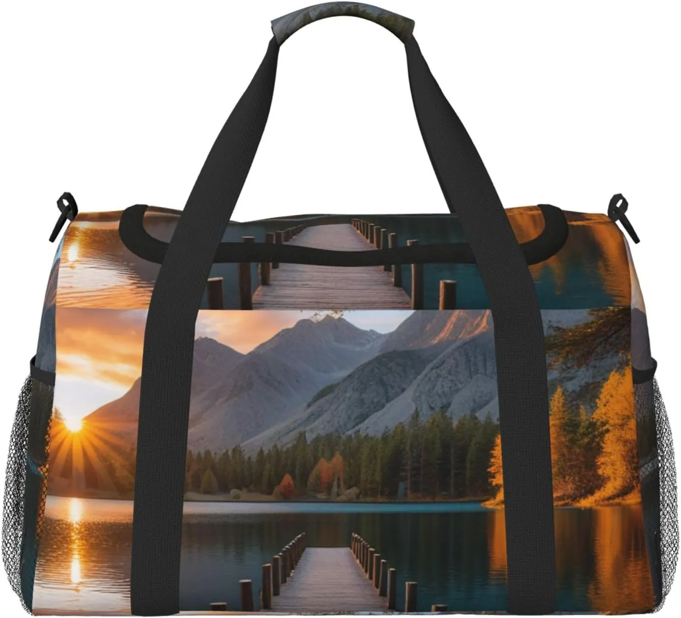 Sunset Stunning Lake Bridge Print Travel Duffel Bag for Men & Women, Foldable Travel Bags and Spacious Weekender Tote Bag for Storage Toiletry Luggage Personal Item